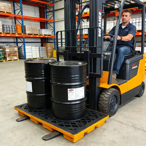 Heavy-Duty Spill Containment Tray Built Tough With Forklift Pockets, 2000 Lb Capacity, Stackable Leakproof Modular Platform