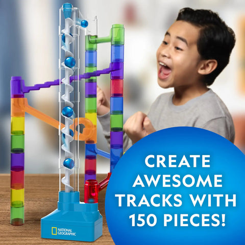 Child playing with Epic Marble Run Kit With Motorized Elevator And Spiral Lift 150 Piece Marble Maze Set With 30 Marbles.