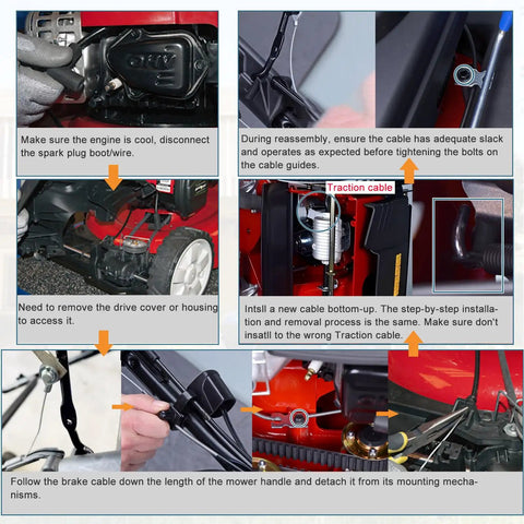 Diagram showing installation steps of Must Have Brake Cable 133-1998 for Toro Timemaster 30 Inch Lawn Mower Blade Engagement Replacement.