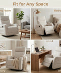 360 Degree Swivel Glider Rocker Recliner Chair With Side Pull Handle, Manual Recline, in various room settings.