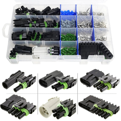 Pro Quality 373 Piece Weather Pack Series Wiring Kit With 10 To 20 Gauge Terminals Male And Female Quick Disconnect Splice For 20 Amp Systems Heavy Duty Sealer Connectors Includes Removal Tool, assorted connectors in organizer