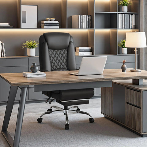 Executive Home Office Chair With Lumbar Support And 400 Lb Capacity Adjustable Ergonomic High Back Managerial Desk Chair For All Day Comfort And Smooth Reclining From 90 To 135 Degrees behind a modern desk in a sleek office setting.