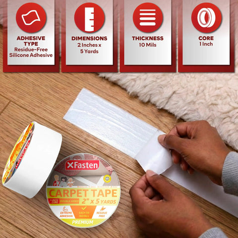 Heavy Duty Double Sided Carpet Tape, 2 Inch By 5 Yard Roll For Area Rugs And Carpets Keeps Rugs From Slipping On Hardwood, Laminate, Tile, And Carpeted Floors, Residue-Free, Strong Adhesive, 1 Inch Core with hands peeling tape by rug
