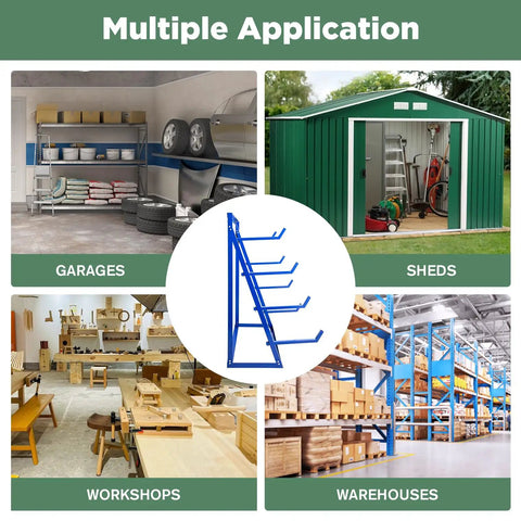 Sturdy Four Tier Shop Storage Rack With Adjustable Steel Bars For Lumber Planks And Piping in garages, sheds, workshops, and warehouses.