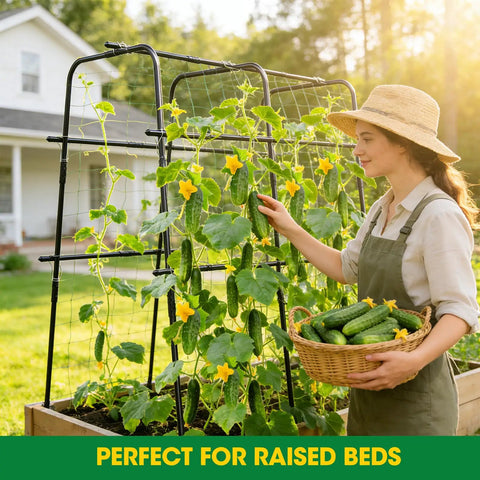 Woman harvesting cucumbers using U Shaped Metal Garden Trellis For Climbing Cucumbers And Vines, 47 Inch High And 47 Inch Wide Raised Bed Support