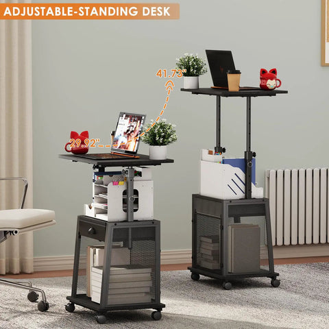 Height Adjustable Standing Desk On Wheels With Drawer And Storage, Rolling Laptop Desk For Home Office with adjustable heights