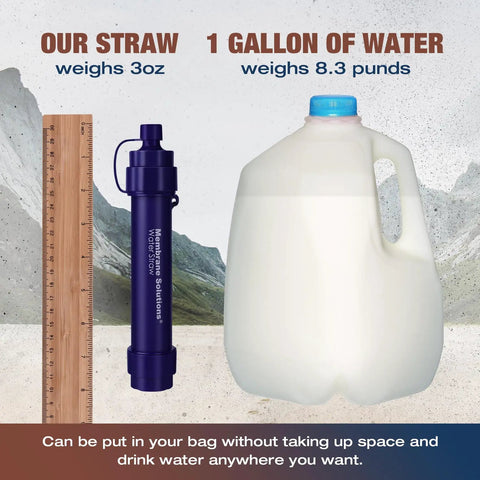 Comparison of detachable water filter straw with ruler and gallon jug, highlighting portability for outdoor adventures.