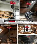 FITHOIST 1100 Lb Electric Chain Hoist 120V Motor With Wired Remote Control lifting a crate in an attic setting.