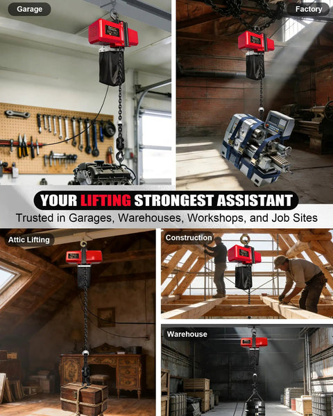 FITHOIST 1100 Lb Electric Chain Hoist 120V Motor With Wired Remote Control lifting a crate in an attic setting.