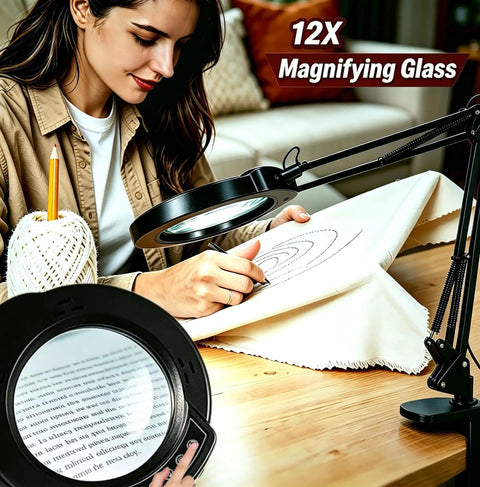 Woman using 12X Magnifying Glass With Light And Clamp For Hands Free Precision Work Reading Craft And Repair 84 LED Real Glass Lens