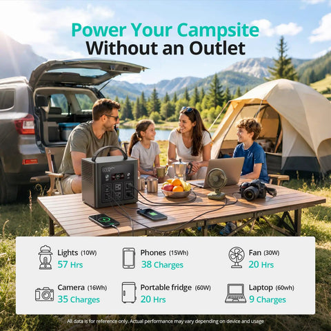 Keep All Your Gear Juiced During Your Latest Adventure With This Hella Reliable Portable Power Station Featuring 640Wh Capacity And 600W Output, family camping scene with power station.
