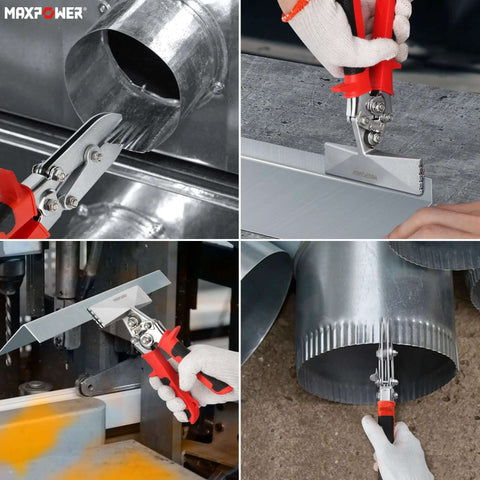 Two Piece Sheet Metal Hand Seamers With Five Blade Pipe Crimper And Six Inch Straight Jaw Bender in use on metalwork