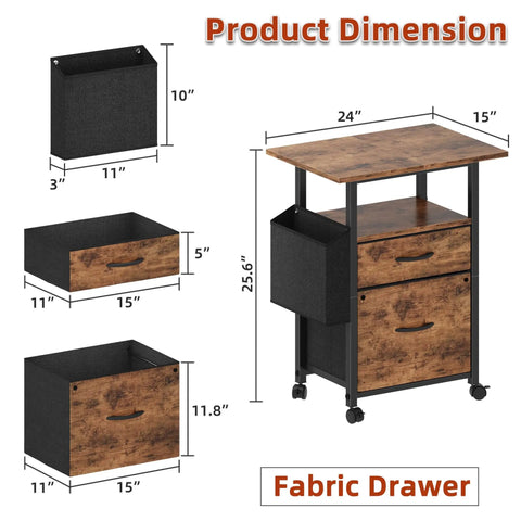 2 Drawer File Cabinet With 24 Inch Extended Desktop On Wheels Mobile Rolling Filing Cabinet With Fabric Drawers Fits A4 And Letter Size Printer Stand For Your Home Office Setup Light Brown dimensions diagram