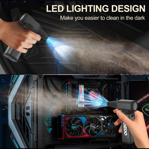 Image of 180000 RPM Cordless Air Duster With Brushless Motor, LED Light used on car mat and PC components.