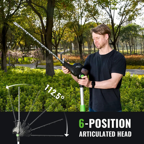 Man using Cordless 20V Pole Hedge Trimmer With 20 Inch Cutting Length 15 Foot Reach Telescoping Extension Pole in garden