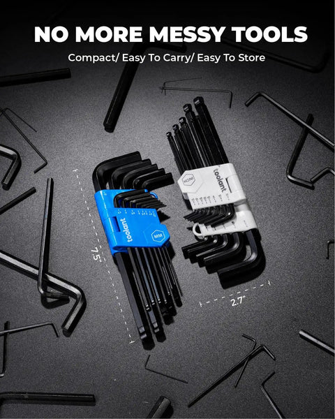 26 Piece Metric And SAE Allen Wrench Set With Ball End Long Arm Hex Keys from One Point Two Seven Millimeter to Ten Millimeter shown in holder