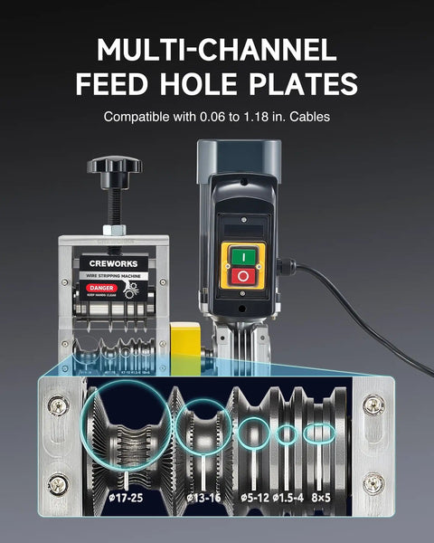 180W Automatic Wire Stripper Machine With Five Blades For Scrap Wire From 0.06 To 1.18 Inches showcasing feed hole plates