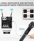 4 Channel Audio Mixer For Karaoke And DJ Sessions With Dual Wireless Microphones Independent Mic Control Bluetooth MP3 USB Interface 48V Phantom Power For PC Studio Recording And Party Boss Sound Board, with two mics displayed.