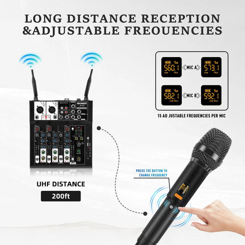 4 Channel Audio Mixer For Karaoke And DJ Sessions With Dual Wireless Microphones Independent Mic Control Bluetooth MP3 USB Interface 48V Phantom Power For PC Studio Recording And Party Boss Sound Board, with two mics displayed.