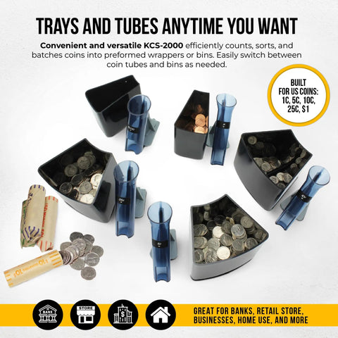 Professional Coin Counter And Sorter With Wrapper Rollers displaying USD coins and tubes.
