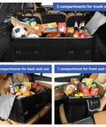 Built In Insulated Leak Proof Cooler Bag Trunk Organizer For SUV shown in car with trunk, back, and front seat compartments filled with items.