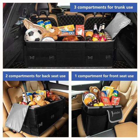 Built In Insulated Leak Proof Cooler Bag Trunk Organizer For SUV shown in car with trunk, back, and front seat compartments filled with items.