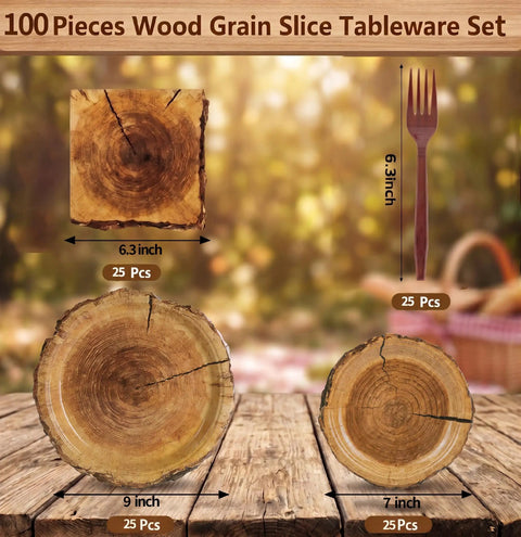 100 Piece Disposable Rustic Wood Grain Slice Tableware Set For 25 Guests with 9 Inch and 7 Inch plates, fork, and napkin