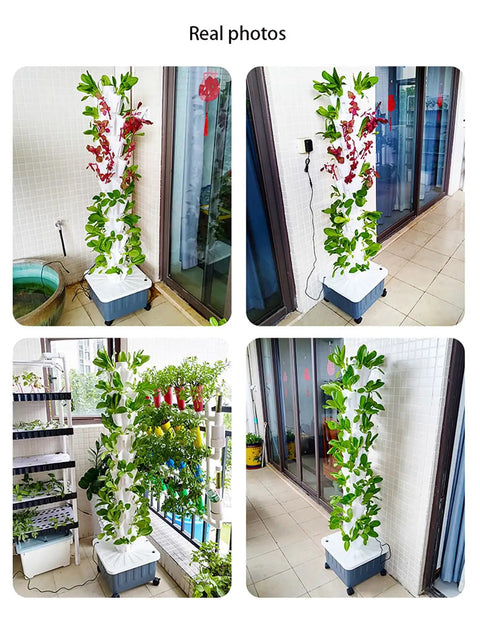 Vertical Tower Garden Kit For Indoor And Outdoor Herb And Vegetable Growing System An All In One Do It Yourself Hydroponic Setup For Home And Patio Ideal For Urban Gardeners Seeking Easy Space Saving Fresh Greens And Flavorful Herbs shown in use on a patio with healthy plants.