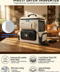 Ultra Light 16Qt Electric Cooler Bag Precision Dual Temp Knobs Chills Drinks To 32F Warms Meals To 140F with multi-layer insulation and PU leather outer.