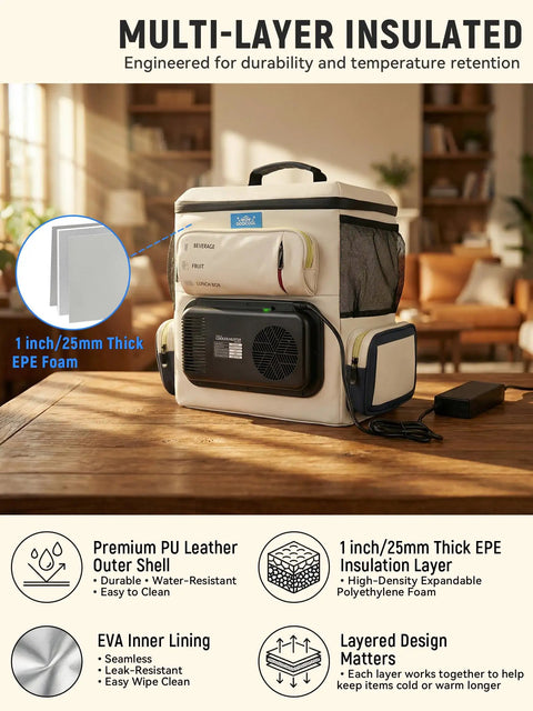 Ultra Light 16Qt Electric Cooler Bag Precision Dual Temp Knobs Chills Drinks To 32F Warms Meals To 140F with multi-layer insulation and PU leather outer.