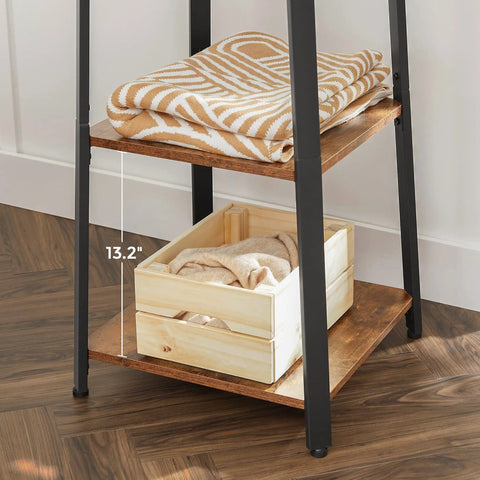 Dope Industrial Coat Rack With Three Shelves And Hooks For Scarves Bags And Umbrellas, features rustic brown shelves for storage.