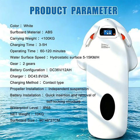 White electric hydrofoil surfboard details, dual mode motorized jetboard, four speed levels, up to 15 km per hour, 100 kg max load.