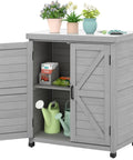 Outdoor Storage Cabinet And Potting Bench With Metal Top For Garden Workstation, Cedar Wood Patio Furniture In Classic Grey