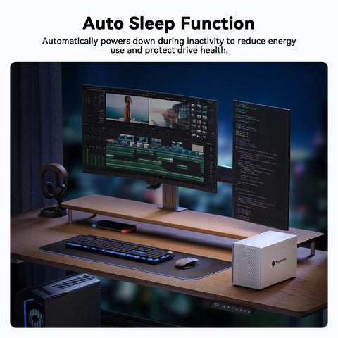 Heavy Duty Five Bay External Hard Drive Enclosure Usb C Aluminum Body Supports 3.5 And 2.5 Inch Sata Ssd Hdd Up To 110Tb near a computer setup.