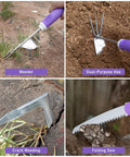 Purple Garden Tool Set For Women 11-Piece Heavy Duty Gardening Kit with weeder, dual-purpose hoe, crack weeding tool, and folding saw.