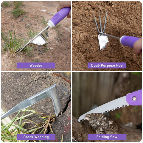 Purple Garden Tool Set For Women 11-Piece Heavy Duty Gardening Kit with weeder, dual-purpose hoe, crack weeding tool, and folding saw.