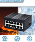 12 Port Gigabit Unmanaged Ethernet Switch For Industrial Use With Energy Efficient Design, sturdy metal casing, IP40 enclosure.