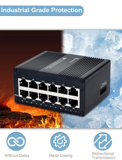 12 Port Gigabit Unmanaged Ethernet Switch For Industrial Use With Energy Efficient Design, sturdy metal casing, IP40 enclosure.