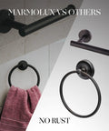 Comparison of Marmolux and other brands' towel bars and rings demonstrating no rust feature in bathroom setting.