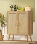 Rattan Style Storage Cabinet With Two Doors And Adjustable Shelves Deep Sideboard For Living Room Dining Room Or Entryway Natural Finish