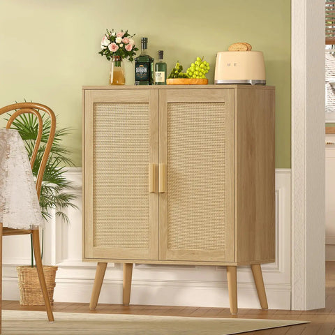 Rattan Style Storage Cabinet With Two Doors And Adjustable Shelves Deep Sideboard For Living Room Dining Room Or Entryway Natural Finish
