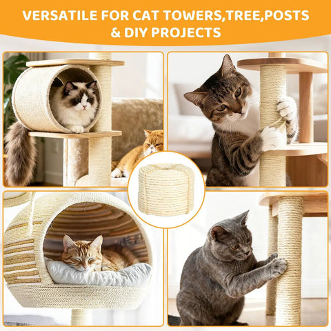Cats using thick 5mm sisal rope for scratch post repair on cat tower featuring 50 ft length, white, DIY project.
