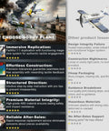 Comparison chart showcasing benefits of authentic WWII Spitfire & BF109 1:32 Scale Building Block Set with immersive features.