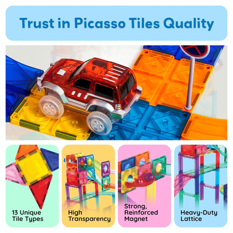 Magnetic Marble Run Set With Building Tiles And Race Track Slides Three In One STEM Learning Toy For Indoor Fun Kids Age Three Plus 108 Piece Construction Kit with toy car on colorful tile track.