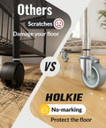 Comparison of heavy duty stem casters wheels set of 8 with brakes against standard ones, showing floor protection with gray rubber tires.