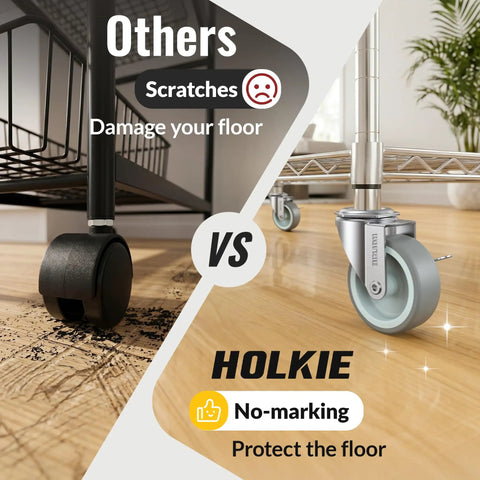 Comparison of heavy duty stem casters wheels set of 8 with brakes against standard ones, showing floor protection with gray rubber tires.