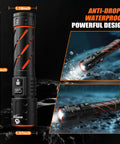 Hella Bright Rechargeable Flashlight With 30W LED 100000 Lumens, black and orange, showing waterproof and powerful design features.