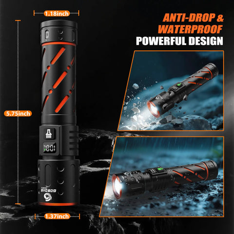 Hella Bright Rechargeable Flashlight With 30W LED 100000 Lumens, black and orange, showing waterproof and powerful design features.