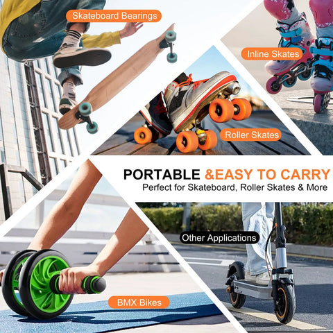 All In One Skate Bearing Cleaning Kit Portable Maintenance System With Cleaning Bottle 200ml Cleaner 100ml Lubricant Oil Bearing Press Puller And T Tool For Skateboard And Roller Skates with images of skateboards, skates, BMX, and scooter applications.