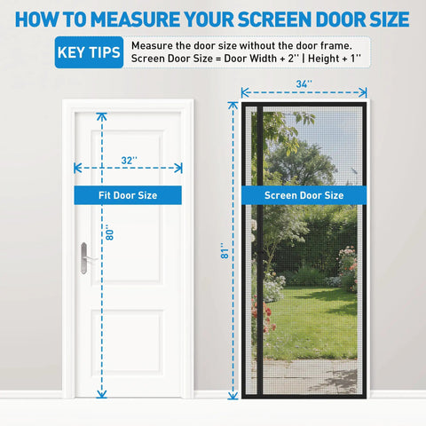 Diagram illustrating how the Side Opening Magnetic Screen Door Fits 32x80 Doors, Screen Size 34x81 with measurement guide.